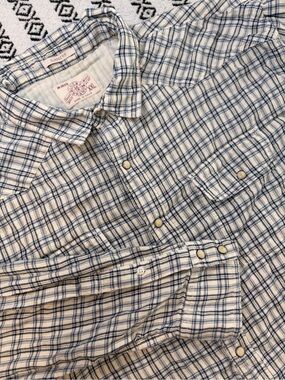 Lucky Brand Western Pearl Snap Shirt Mens XXL Blue Plaid Long Sleeve Cotton 2XL